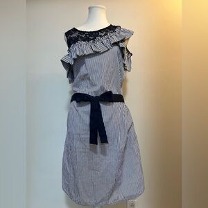 PINKO Made in Italy Navy White Stripe Lace Ruffle Belted Dress Feminine Chic